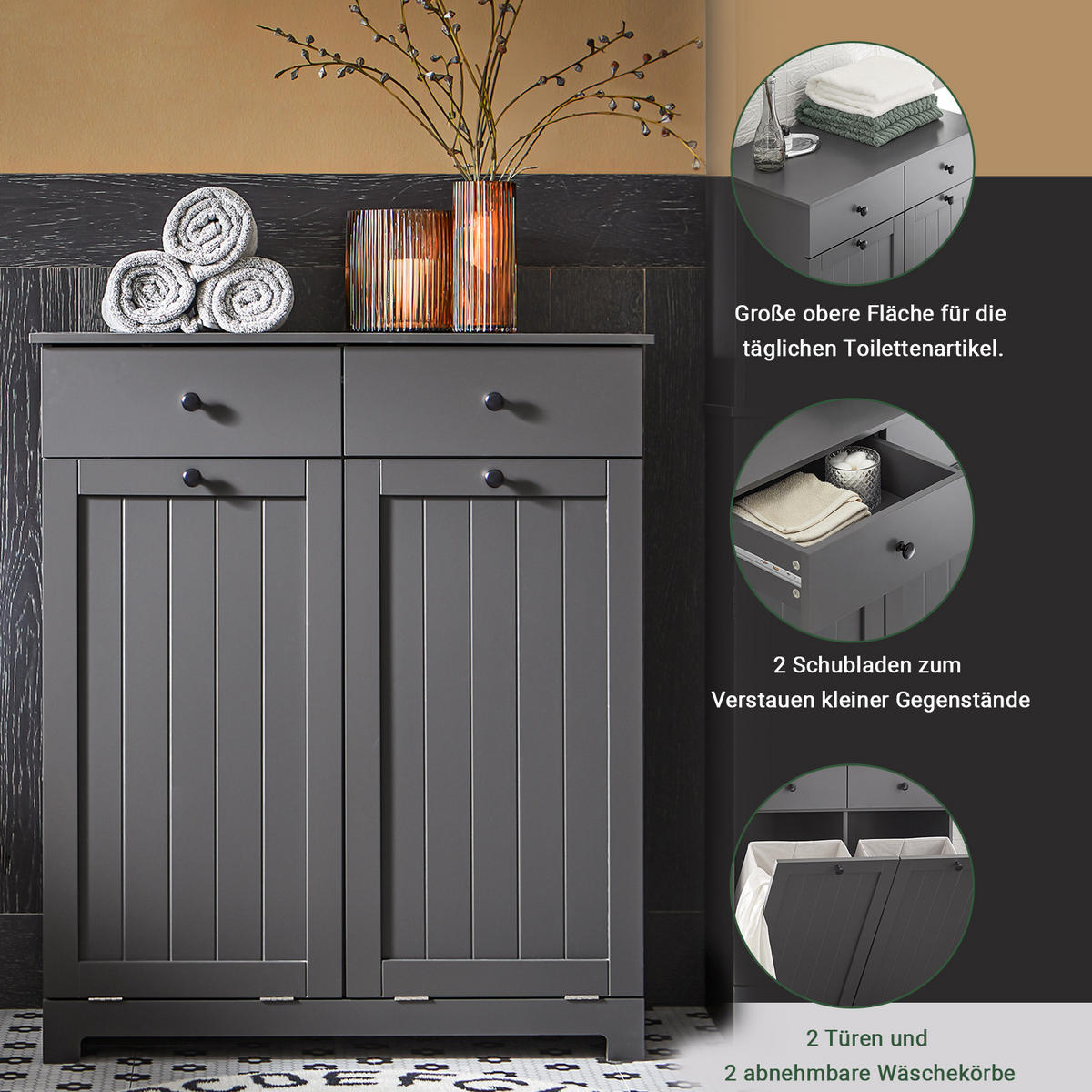 WÄSCHESCHRANK Grau - Grau, Holzwerkstoff (78/90/38cm) - SoBuy