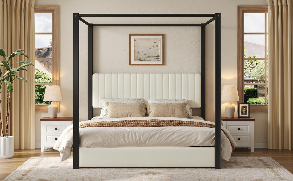 POLSTERBETT 180/200 cm in Beige & Schwarz mit Himmelbett-Design und Kopfteil Samt - Schwarz, Holzwerkstoff/Textil (180/200cm) - CHICFURN