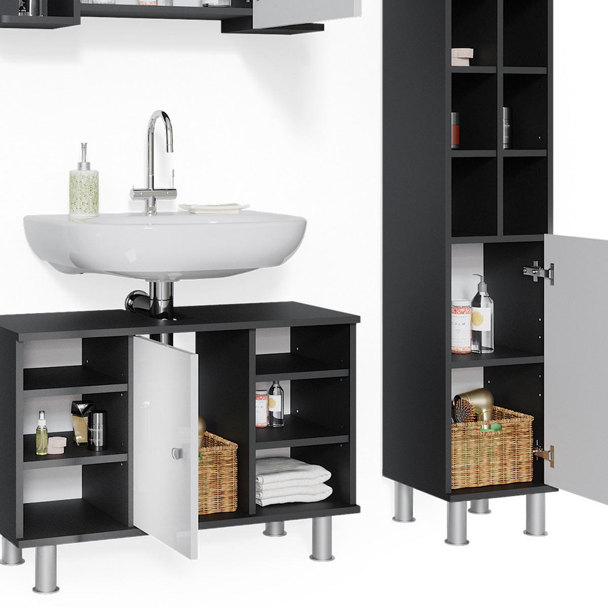 BADMÖBEL-SET Fynn Anthrazit 3 Teile, mit Midischrank Tür groß - Anthrazit/Weiß, Holzwerkstoff (60/54/32cm) - Vicco