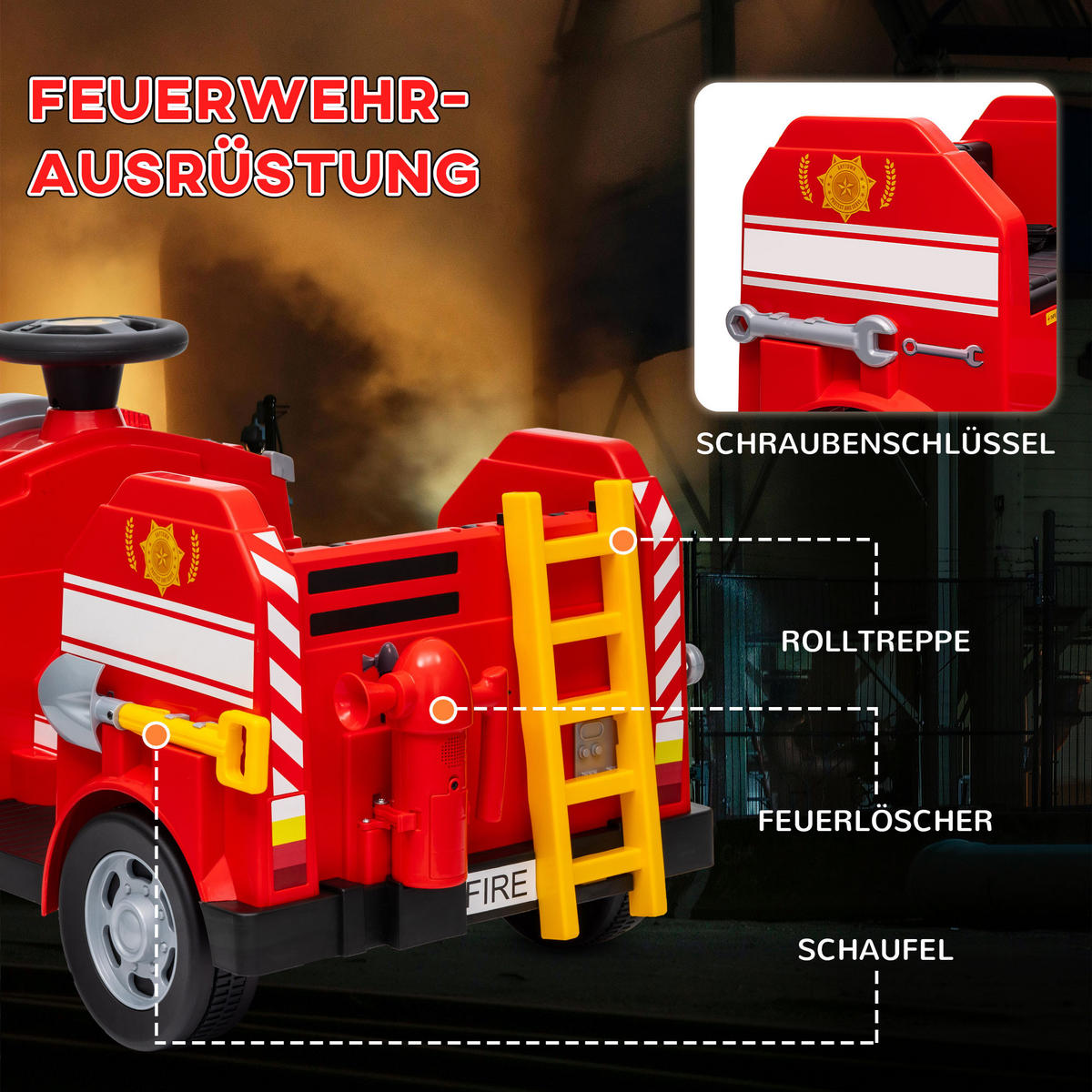 FEUERWEHRAUTO, Elektro-Kinderauto, max. 3 km/h, Sirene, Blaulicht, Werkzeuge, für Kinder 3-5 Jahre - Rot, Kunststoff/Metall (86/49/52cm) - AIYAPLAY
