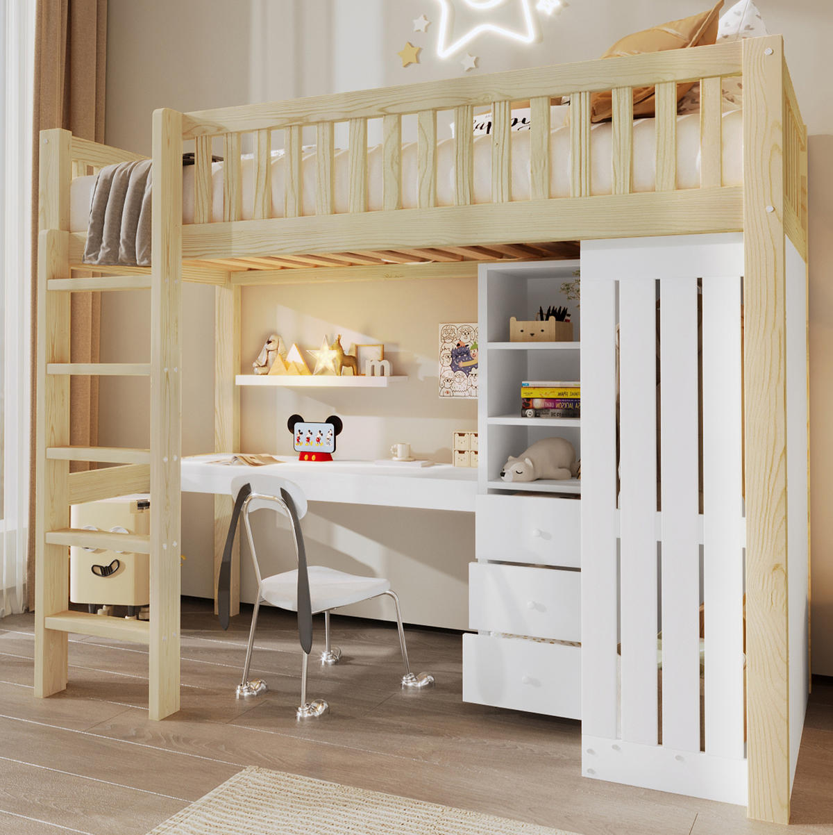 HOCHBETT 90/200 cm aus Kiefernholz und MDF mit Schreibtisch und Kleiderschrank Natur - Naturfarben, Holz (90/200cm) - Modenvie