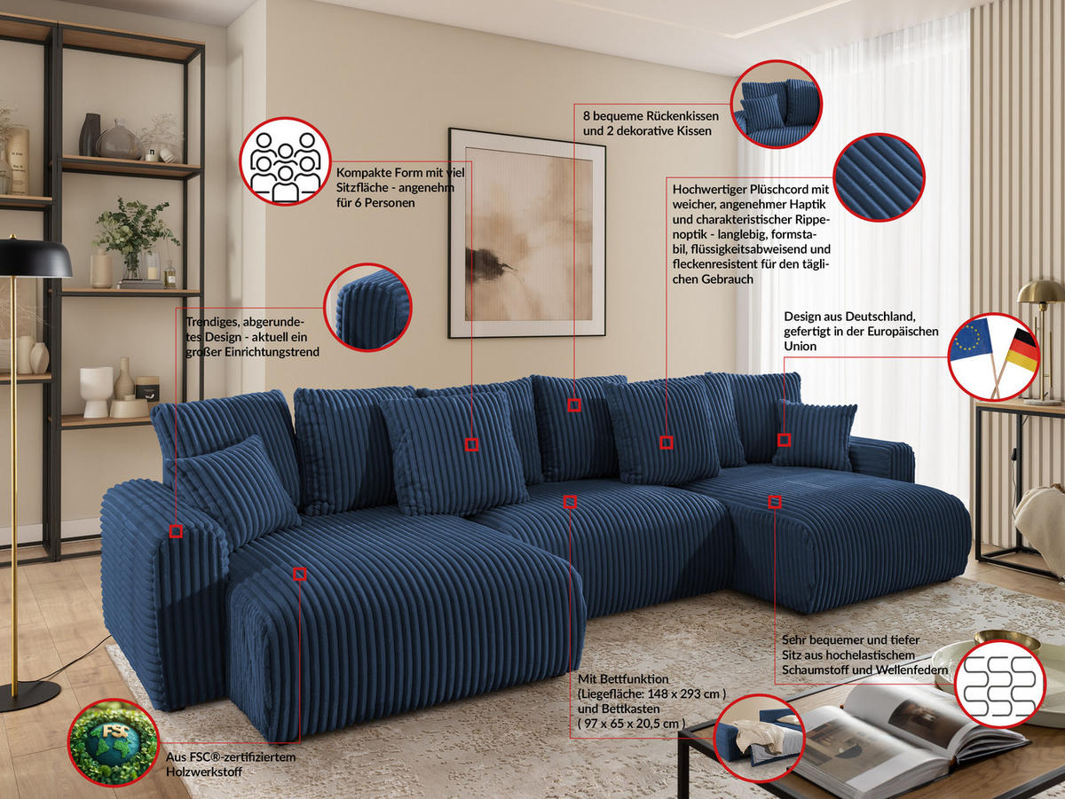WOHNLANDSCHAFT Calma mit Schlaffunktion und Bettkasten im Bumpy-Design aus weichem Marineblau Plüschcord - Blau/Beige, Holz/Textil (336/88/140cm) - S-Style