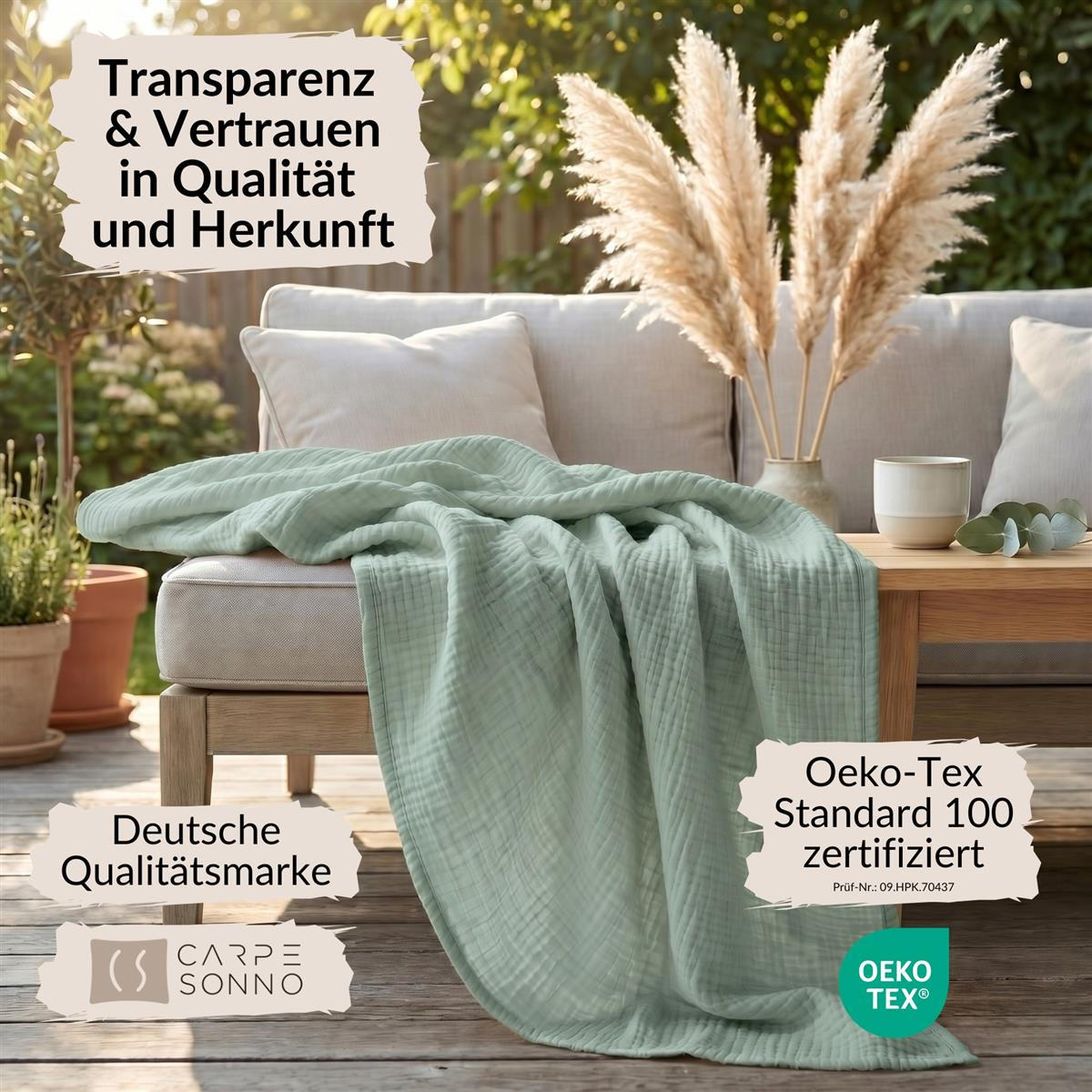 WOHNDECKE Musselin 150 x 200 cm, Leichte Kuscheldecke aus 100% Baumwolle - Als Tagesdecke, Plaid oder Decke für Sofa, Couch & Bett - Salbei Grün - Grün, Textil (150/200cm) - Carpe Sonno