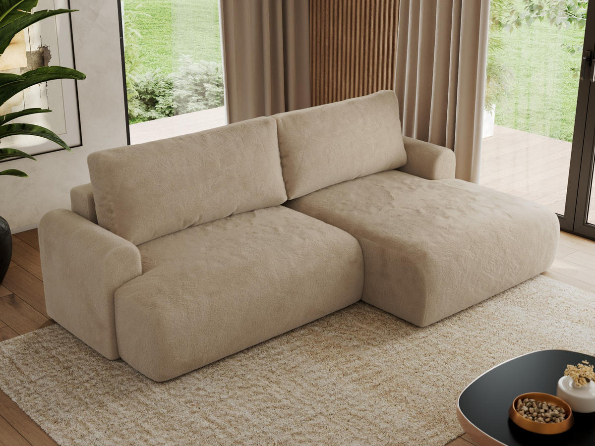 ECKSCHLAFSOFA TONO L Beige Plüsch - rechts - Beige/Schwarz, Kunststoff/Textil (150/260cm) - MKS