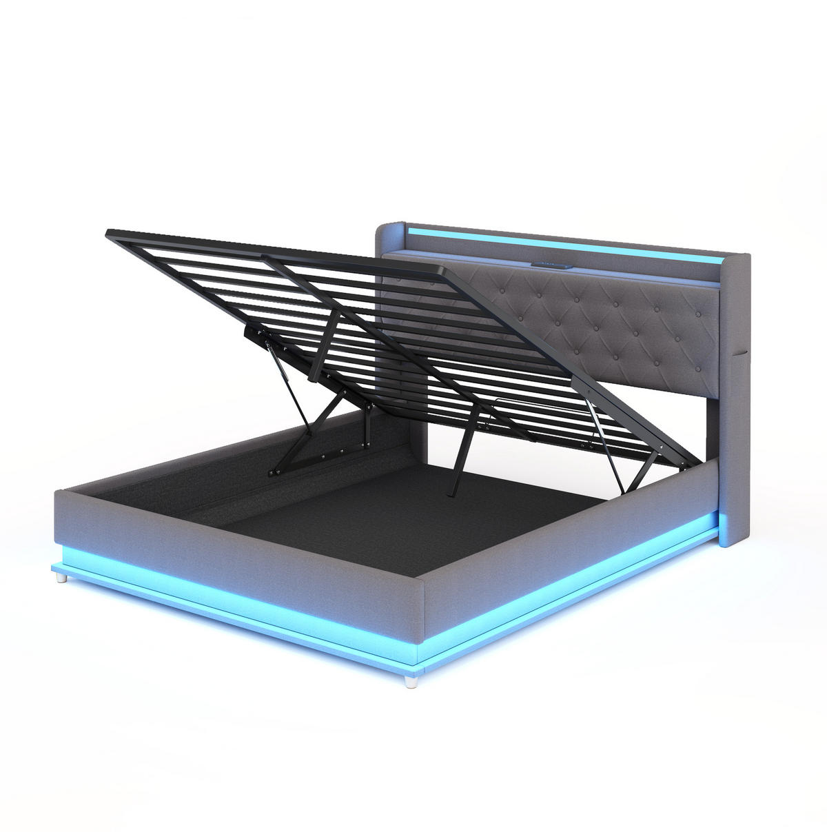 POLSTERBETT aus Stoff 140x200 cm Grau mit LED-Beleuchtung, USB-Anschluss und hydraulischem Stauraum - Grau, Textil (140/200cm) - IVMEU