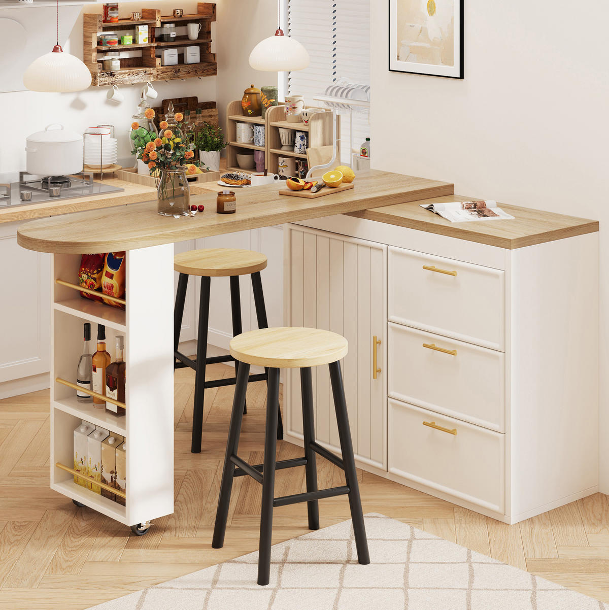 BARTISCH mit 360°-Drehfunktion 128-203x39x90 cm MDF Metall Weiß - Weiß, Metall (203/39/90cm) - Meubliv