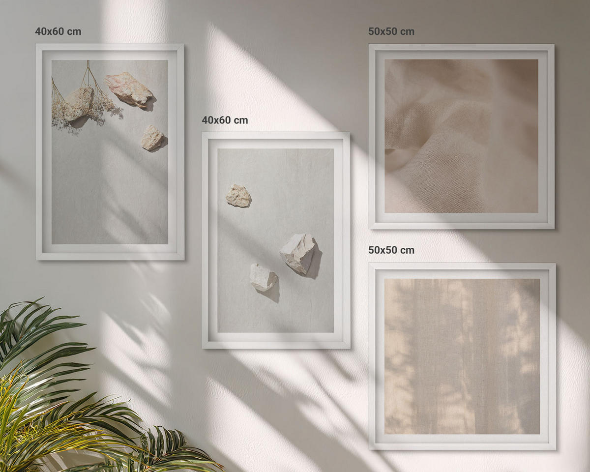 WANDBILDER 4er-Set - 50x50 cm & 40x60 cm Weißer Rahmen - Boho-Stranddekorationen aus Steinen - Weiß, Kunststoff (50/50cm) - ArtPrintCave