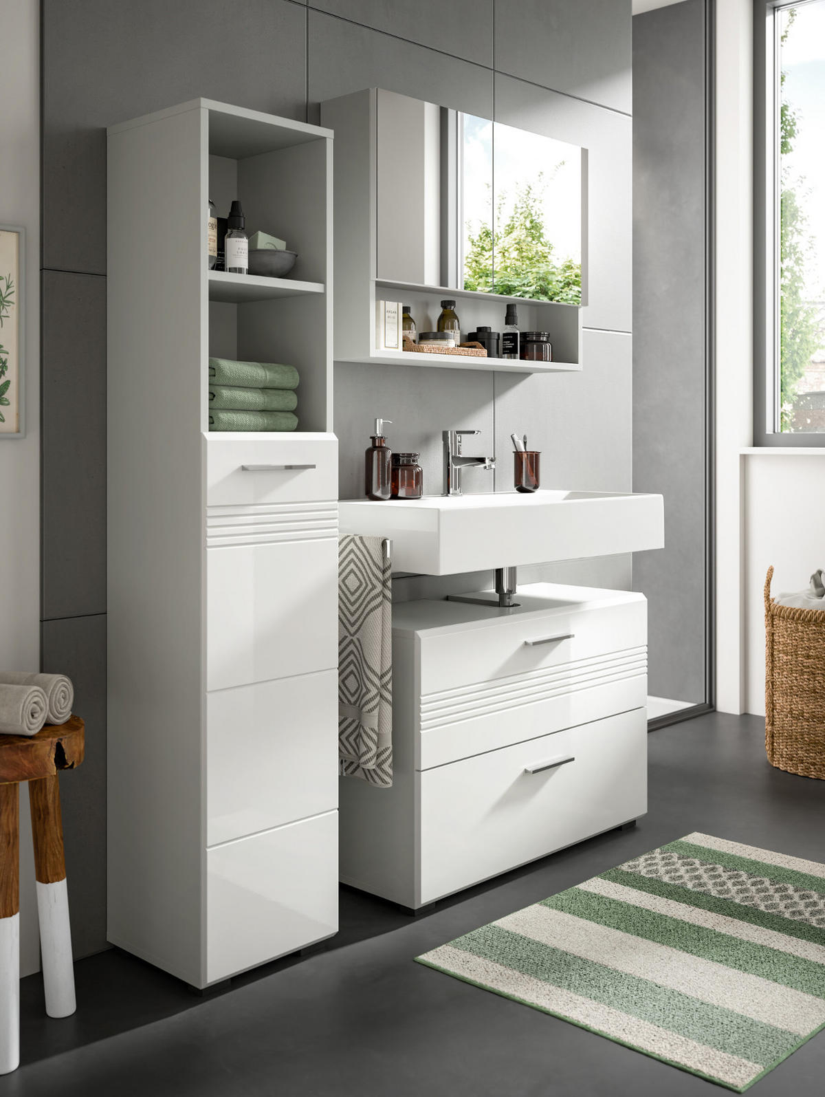BADMÖBEL-SET 3-teilig weiß Hochglanz, grau 125 cm, Komplettset mit Soft-Close - Weiß Hochglanz/Grau, Glas/Holzwerkstoff (125/190/32cm) - Inn.Furn
