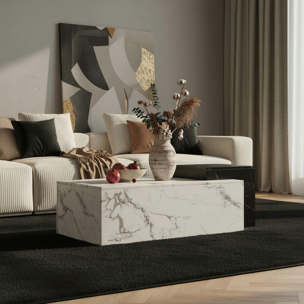 COUCHTISCH Weiß Schwarz Marmor-Optik Modern 120x60x40 cm Zwei Ebenen - Weiß, Holzwerkstoff (60/120/40cm) - KADIMA DESIGN