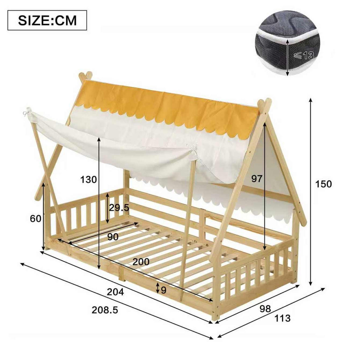 KINDERBETT 90/200 cm in Hausform mit Zelt und Sicherheitsgeländer - Weiß, Holz (90/200cm) - BEAOK