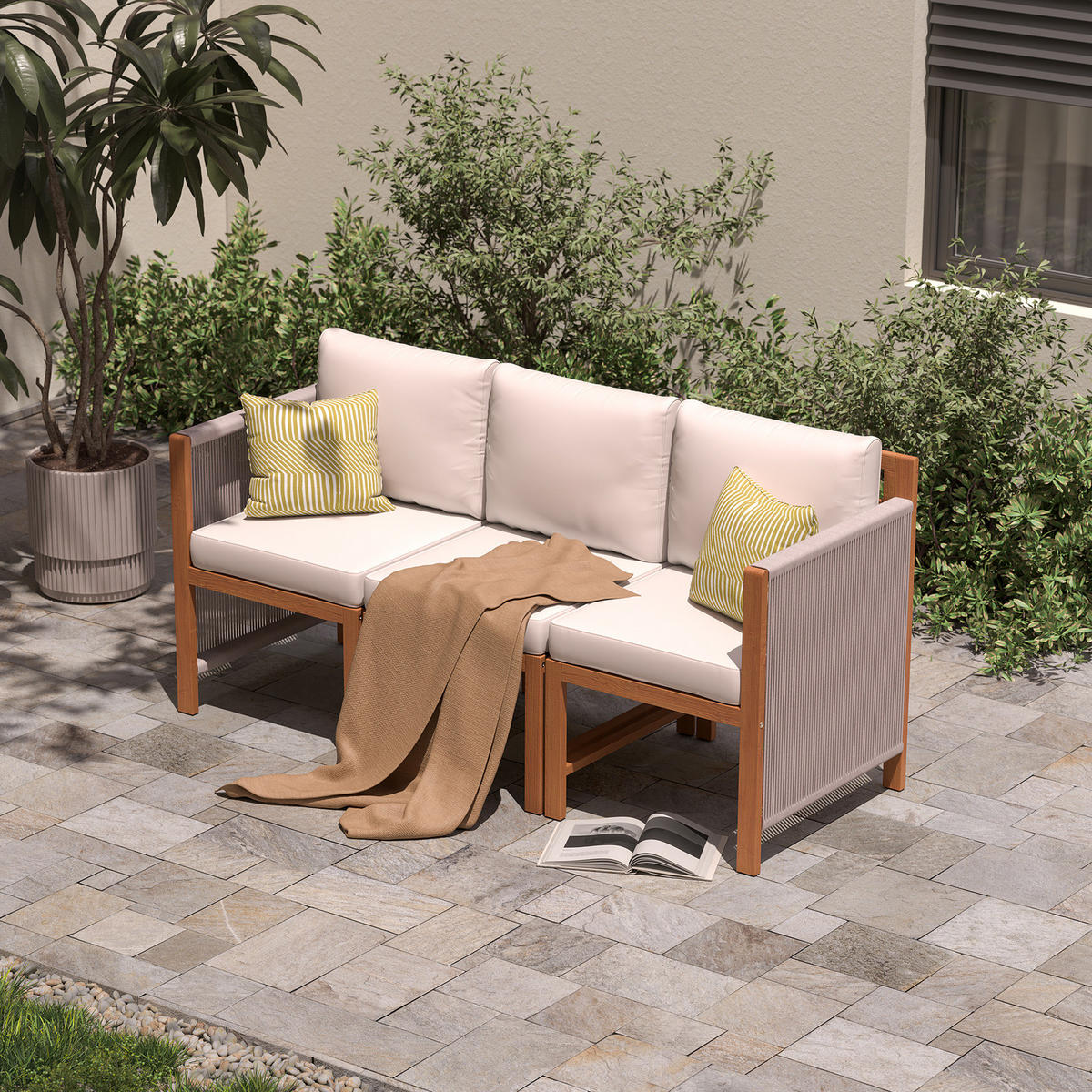 DININGSTUHL MIT 1 ARMLEHNE - Akazie massiv / Polyester - Braun / Beige - Beige/Braun, Holz/Textil (58/86/66cm) - home24