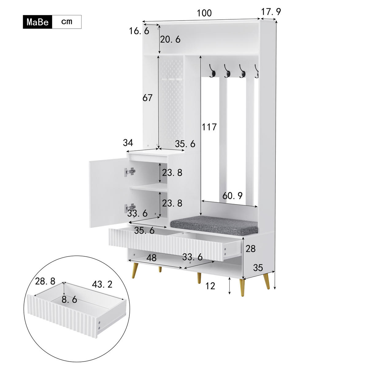 GARDEROBE 100/180/35 cm Weiß aus MDF mit Sitzbank und Schubladen - Weiß, Holzwerkstoff (35/180/100cm) - OKMYHOME