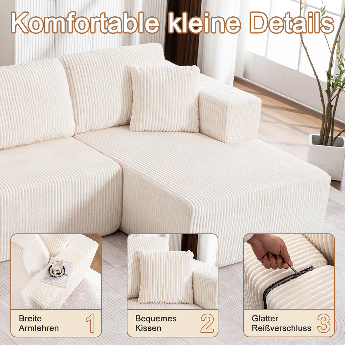 WOHNLANDSCHAFT Cord Weiß mit Schlaffunktion und Kissen - Weiß, Textil (332/88/156cm) - WISHDOR