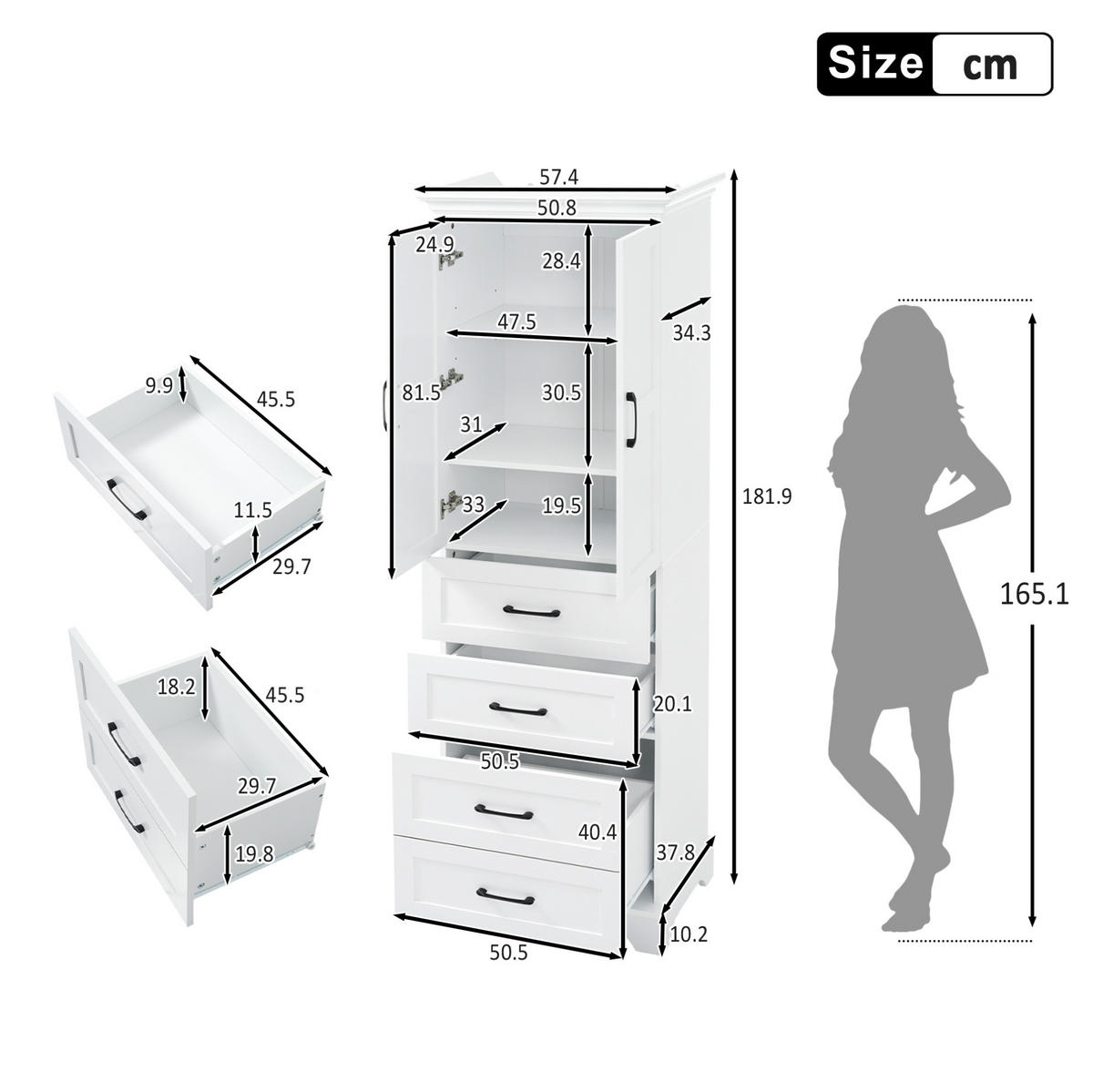 BADEZIMMERSCHRANK 57x38x180 cm Weiß aus Holzwerkstoff mit 3 Schubladen - Weiß, Holzwerkstoff (57/180/38cm) - Modfu