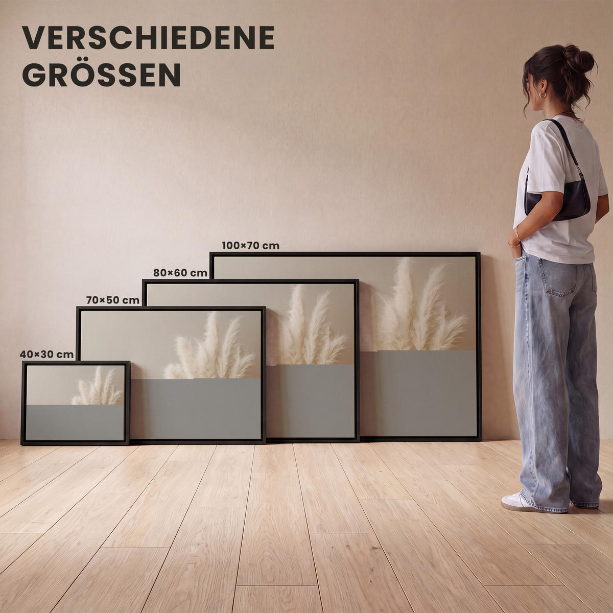 LEINWAND Bilder mit Rahmen - Pampasgras - Federn - Pastell - Weiß - 100x70 - Naturfarben, Textil (100/70cm) - MuchoWow