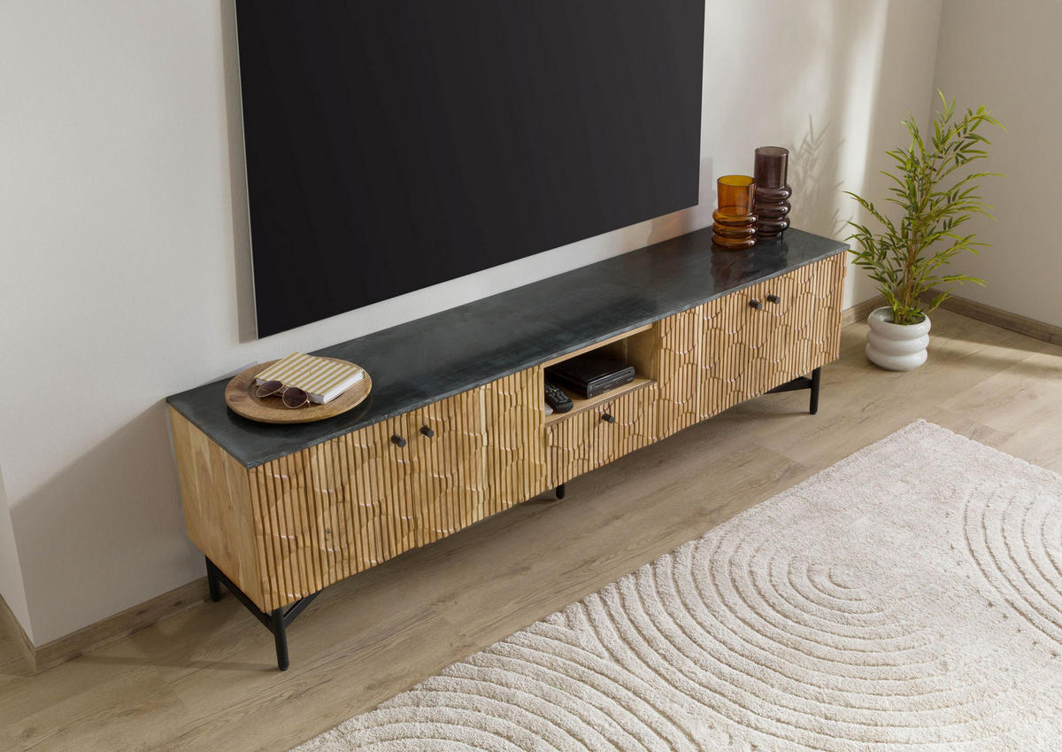 TV-BOARD Akazie 200x40x55 natur lackiert / Marmor schwarz LONDON #106 - Naturfarben, Holz (200/55/40cm) - Massivmoebel24