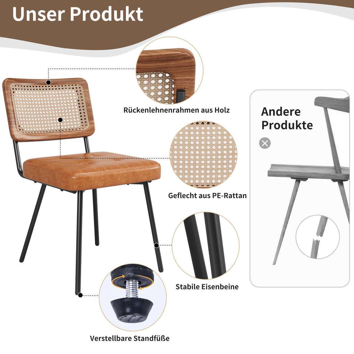 ESSZIMMERSTUHL mit PE-Rattan-Rückenlehne 61 x 46 x 79 cm Braun - Braun, Metall (44/79/46.2cm) - Meubliv