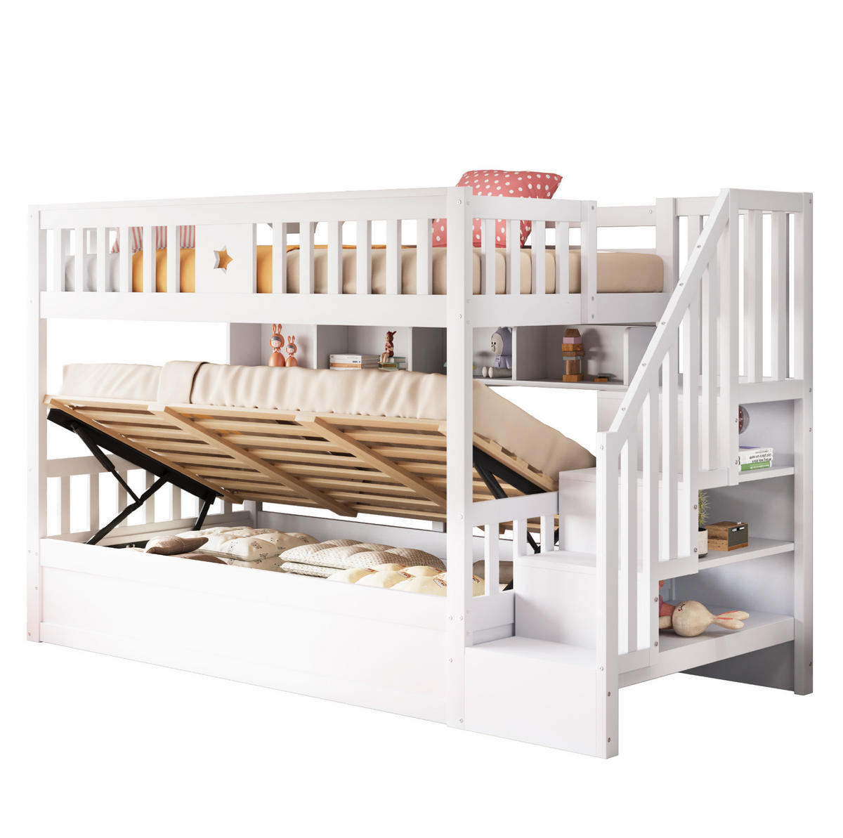 HOCHBETT 90/200 cm weiß aus Holz mit Stauraumtreppe und Regalen - Weiß, Holzwerkstoff (90/200cm) - OKWISH