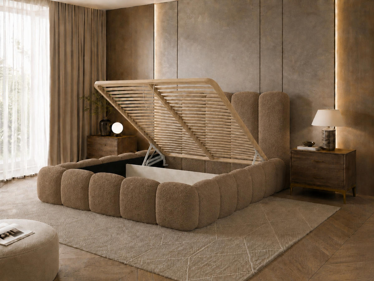 POLSTERBETT TEDDY 120x200 cm in Braun, gepolstertes Kopfteil, Lattenrost, Bettkasten, Bouclé-Stoff - Braun, Holz/Textil (120/200cm) - EMLAR Home