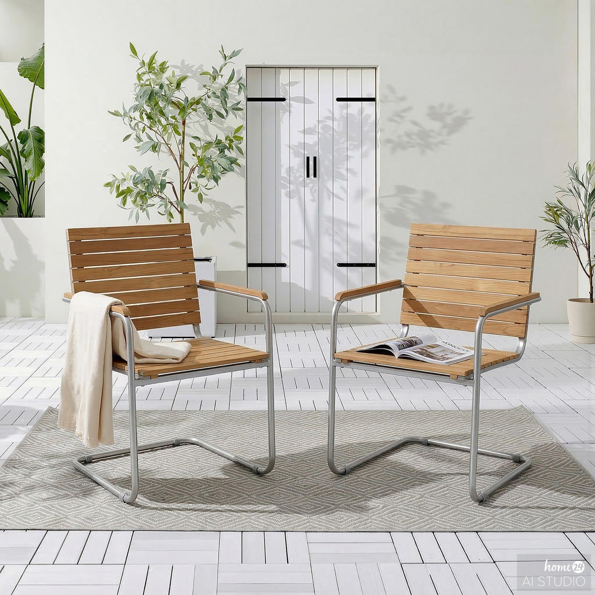 FREISCHWINGER - 2er-Set - Teak massiv / Edelstahl - Teak / Silber - Silberfarben/Braun, Holz/Metall (55/86/58cm) - home24