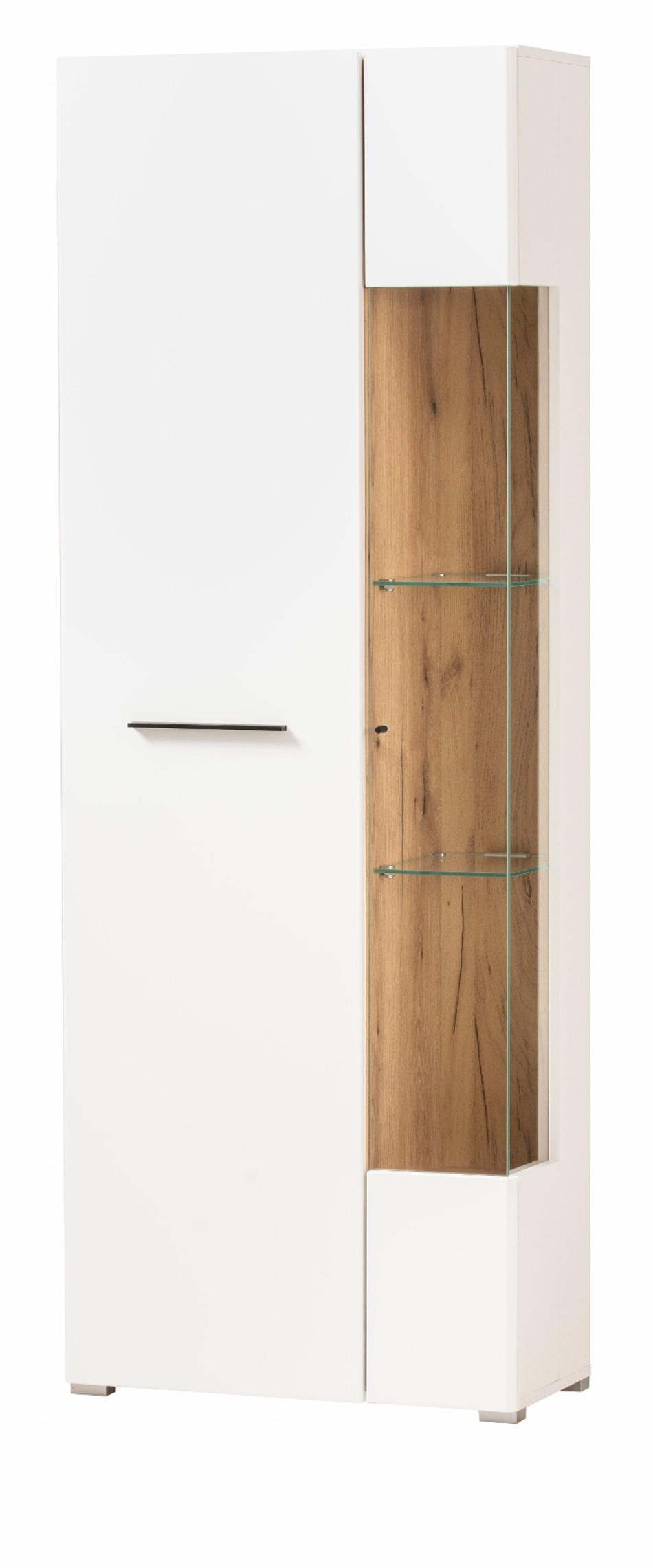 VITRINE weiß matt, Evoke Eiche, Vitrinenschrank 72 x 200 cm, Soft-Close-Funktion - Eichefarben/Silberfarben, Glas/Holzwerkstoff (72/200/35cm)