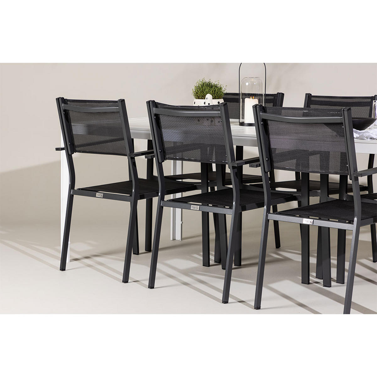 GARTENSET, Break, Tisch Weiß, Stühle Schwarz, Metall / Stoff, 90 x 205 x 75 cm, 7-teilig - Weiß, Metall - ebuy24