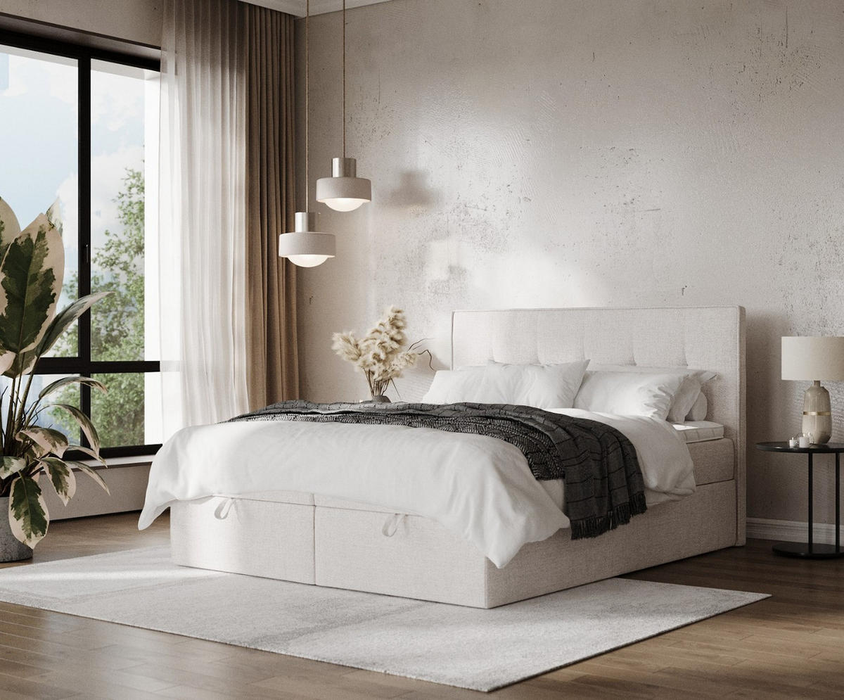 BOXBETT Tivra 200/200 cm Hellbeige im Neve Stoff - Sandfarben/Schwarz, Holz/Holzwerkstoff (200/200cm) - AltaBeds