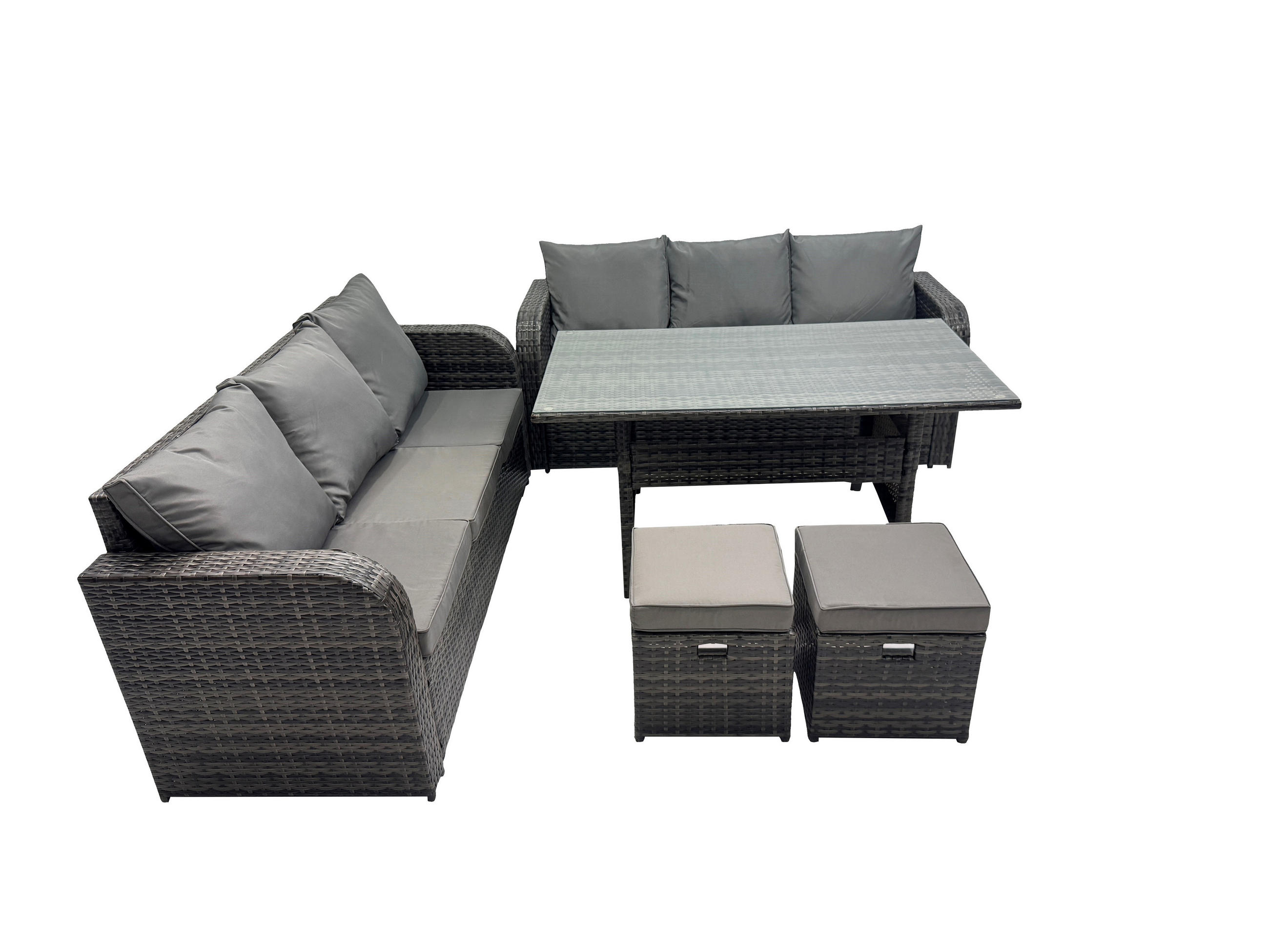 GARTENGARNITUR mit 3-Sitzer Sofa,2 Hockern Polyrattan Dunkelgrau 8-Sitzer - Dunkelgrau/Grau, Glas/Kunststoff - Fimous