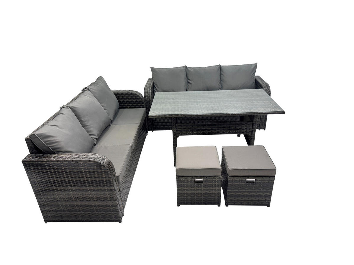 GARTENGARNITUR mit 3-Sitzer Sofa,2 Hockern Polyrattan Dunkelgrau 8-Sitzer - Dunkelgrau/Grau, Glas/Kunststoff - Fimous