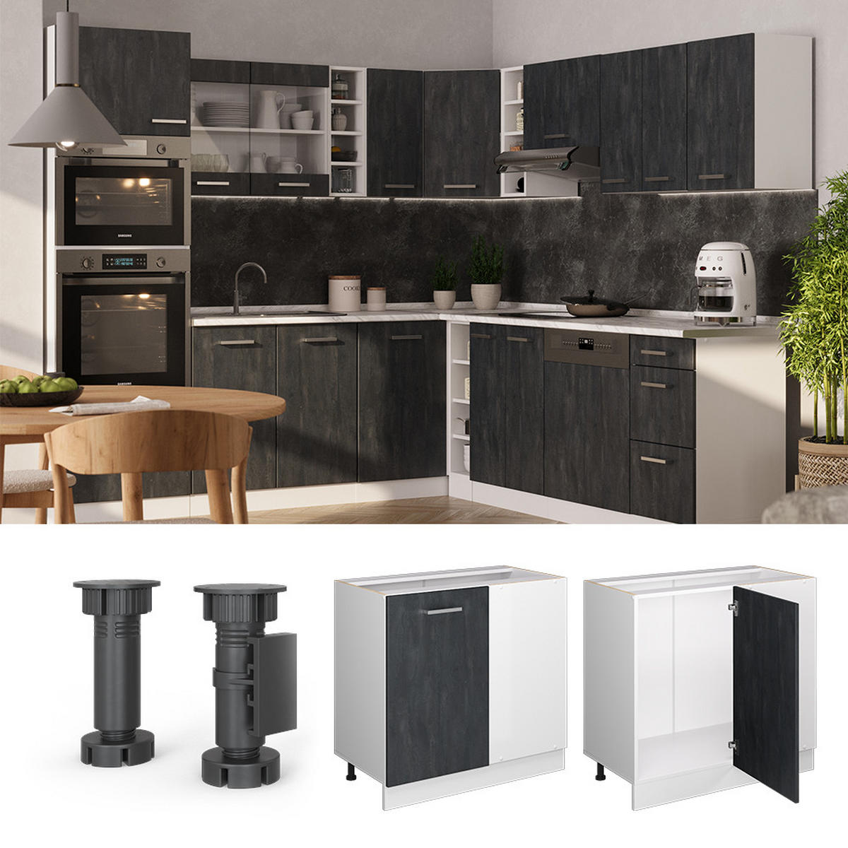 ECKUNTERSCHRANK R-Line Schwarz Beton 86 cm AP Marmor - Schwarz/Weiß, Holzwerkstoff (86/81.6/60cm) - Vicco