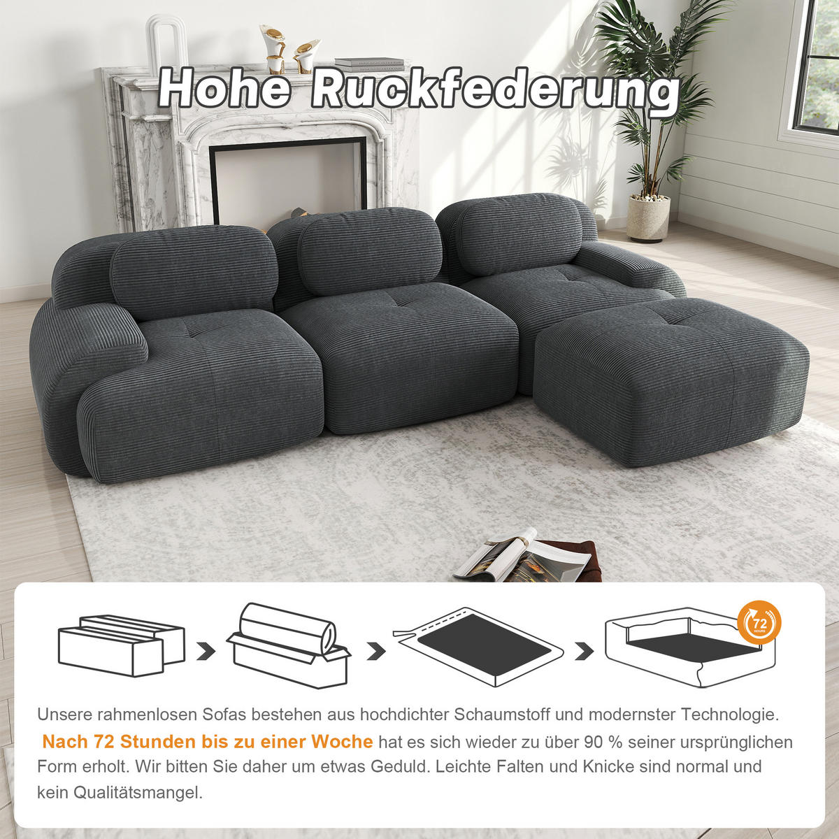 ECKSOFA 298/178/70 cm Grau Cord mit extra-breiten Armlehnen - Grau, Textil (298/178cm) - Oxeza