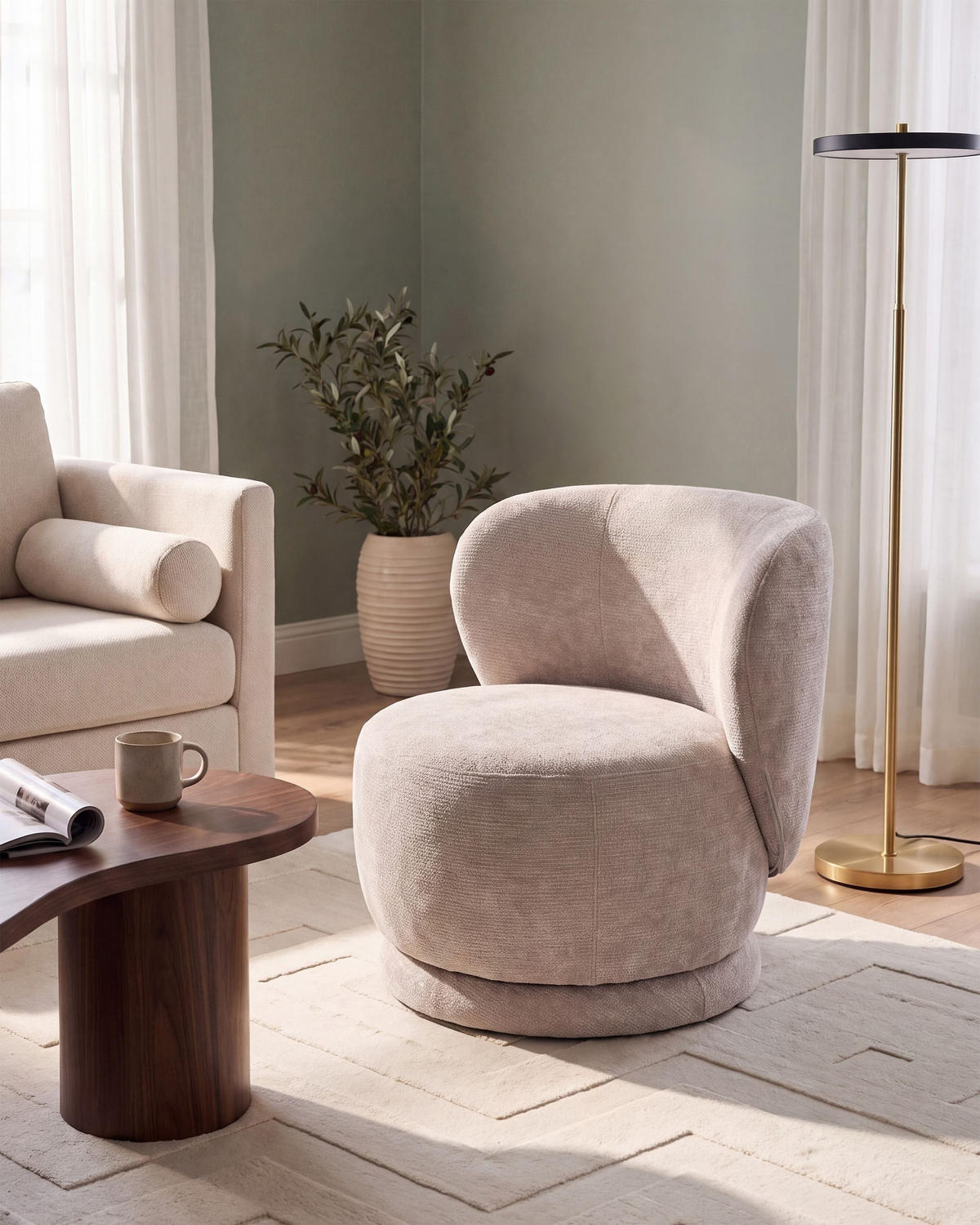 DREHSESSEL Chenillegewebe Beige Blomma - Hellgrün, Holz/Textil (60/72/63cm) - Beliani
