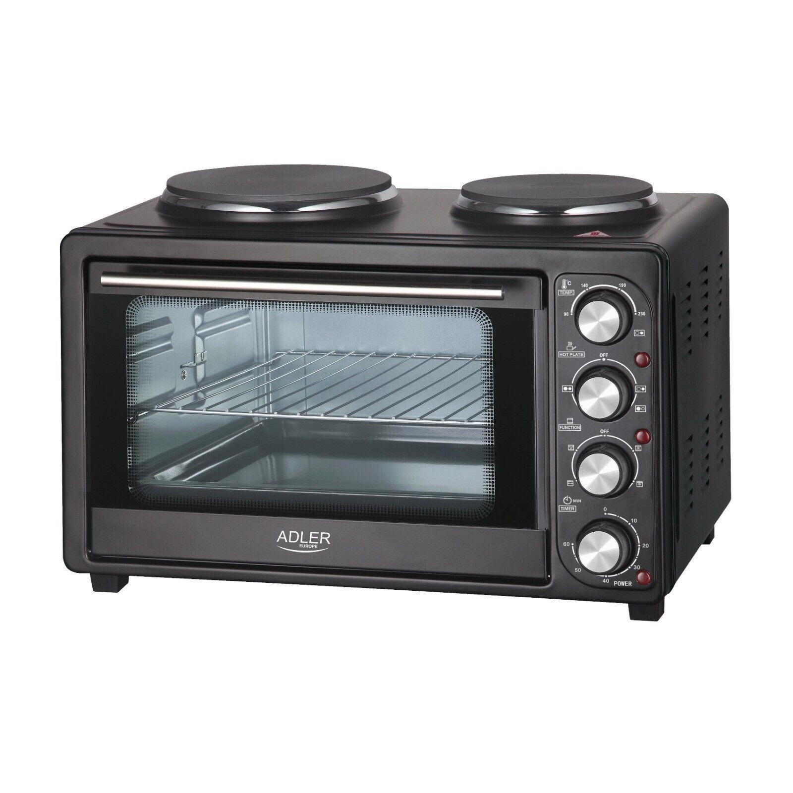 MINIBACKOFEN, Umluft, 36L, 2 Kochplatten, Elektrobackofen, Küche, Haushalt, Pizzaofen, Brot backen, Aufbacken, Kochen, Snacks, kompakt, Timer, Grill - Schwarz, Metall (65/39.5/43cm) - Adler