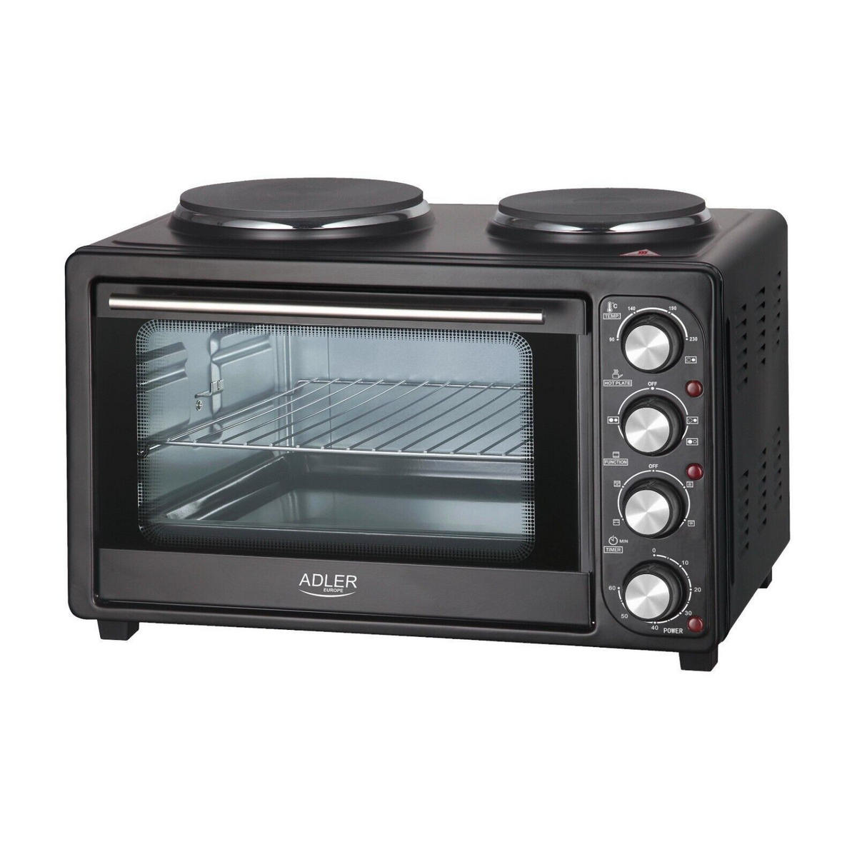 MINIBACKOFEN, Umluft, 36L, 2 Kochplatten, Elektrobackofen, Küche, Haushalt, Pizzaofen, Brot backen, Aufbacken, Kochen, Snacks, kompakt, Timer, Grill - Schwarz, Metall (65/39.5/43cm) - Adler