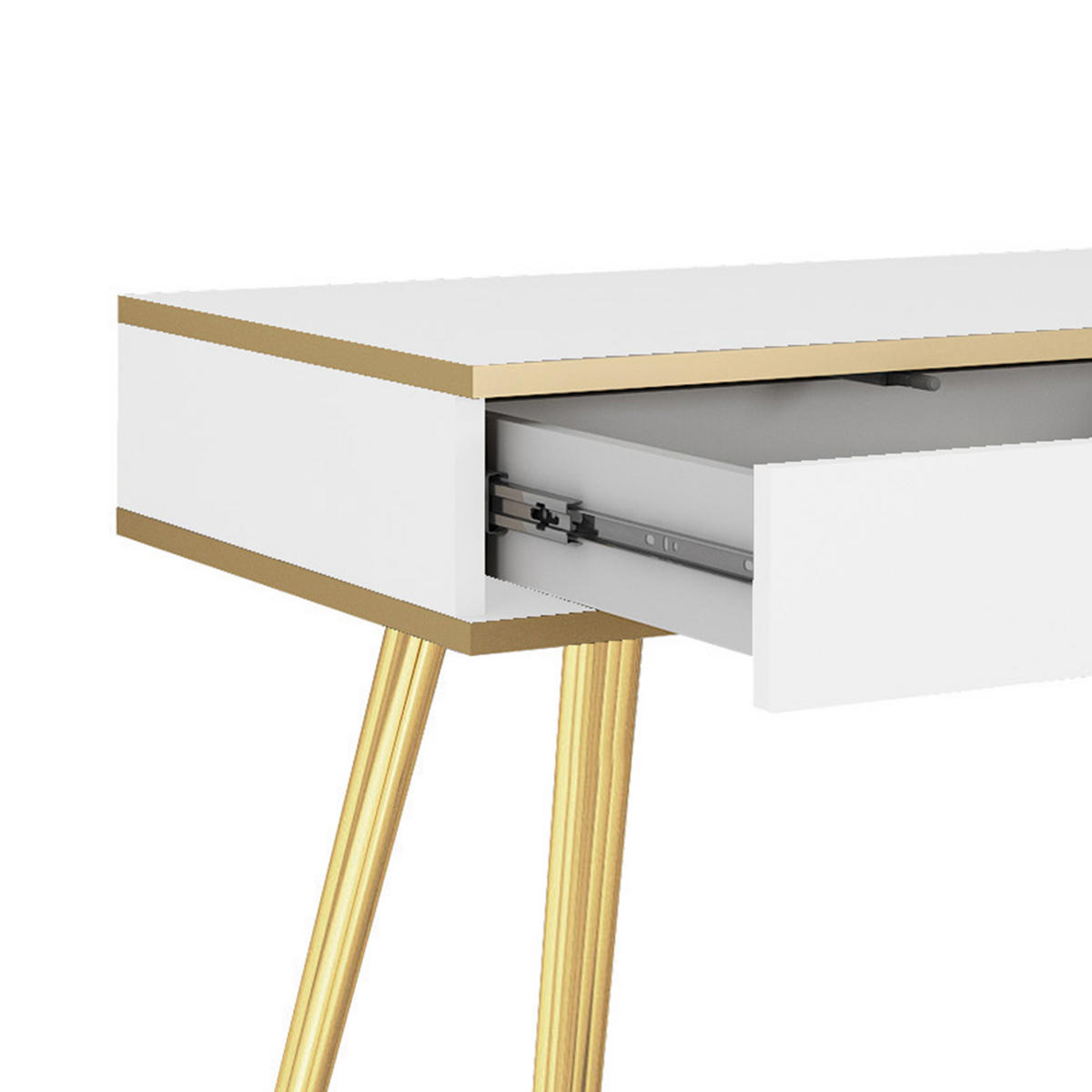 SCHMINKTISCH Weiß - T-102, Hochglanz, Schubladen Push-to-Open 102x50x80 cm Weiß/Gold - Goldfarben/Weiß, Holzwerkstoff/Kunststoff (50/102/80cm) - DomoHome