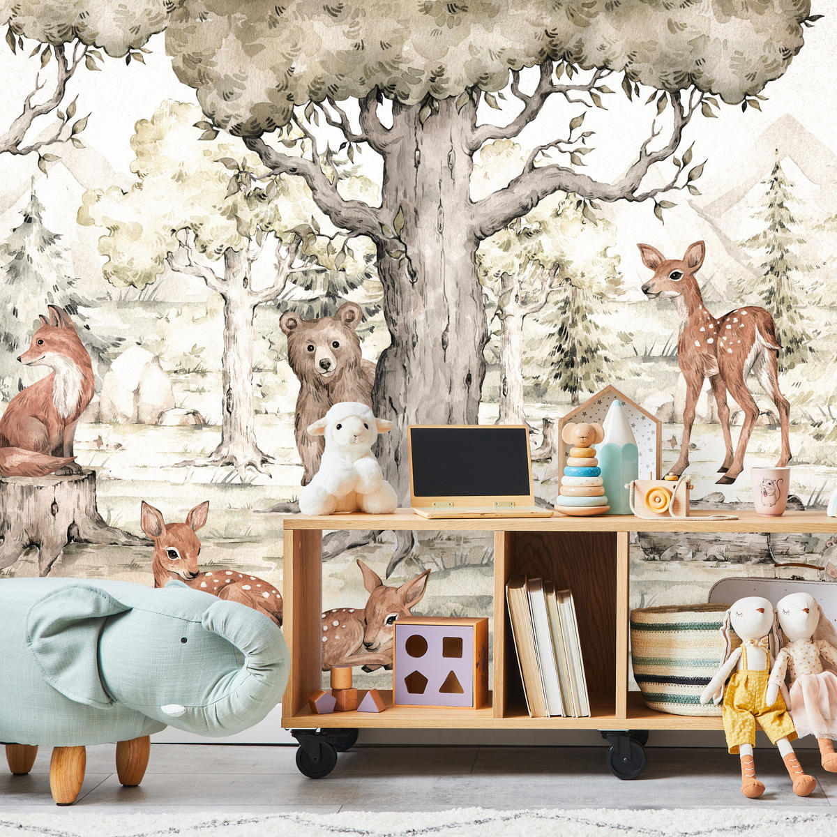 FOTOTAPETE für Kinderzimmer Waldtiere Aquarell Bär Fuchs Reh Bäume 300x210 - Beige/Orange, Papier (300/210cm) - Muralo