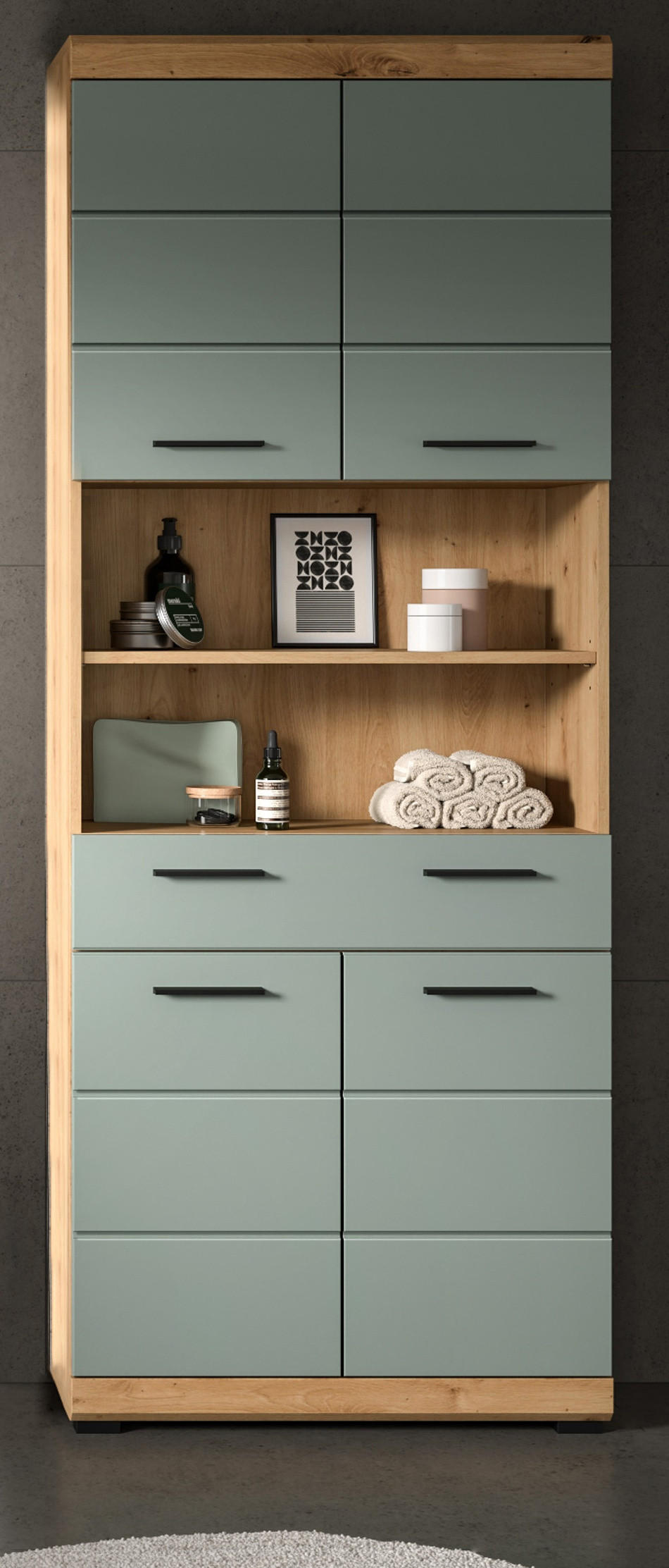 HOCHSCHRANK Salbei grün, Eiche Artisan 74 cm, Badschrank mit 6 Fächern - Salbeigrün/Schwarz, Holzwerkstoff/Kunststoff (74/191/31cm) - Inn.Furn