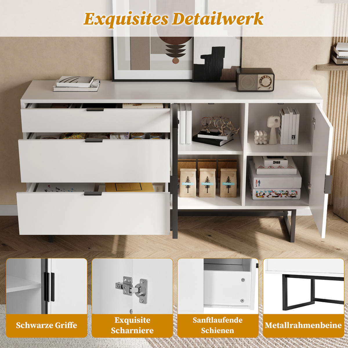 SIDEBOARD in Weiß Kommode mit 3 Schubladen, Glastüren und LED-Lichtleiste für Esszimmer und Wohnzimmer, B160T36/H78cm - Transparent/Schwarz, Holzwerkstoff/Metall (160/78/36cm) - STILVORA