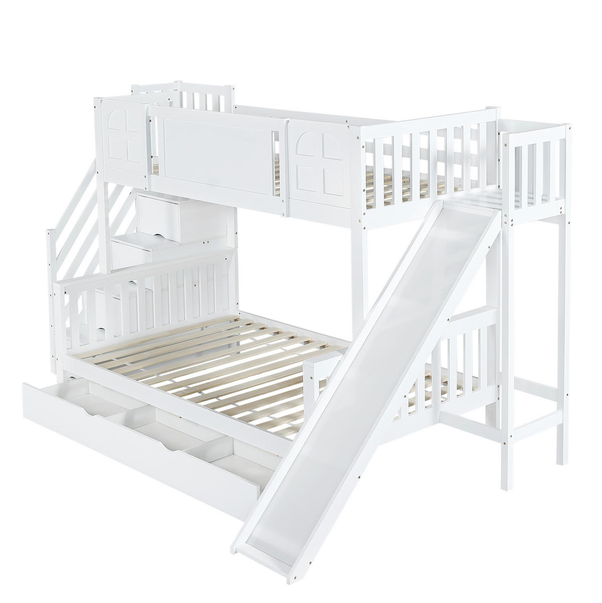 ETAGENBETT aus Kiefer und MDF 90x200/120x200 cm Weiß mit Rutsche, Stauraumtreppe und Fenstern - Weiß, Holzwerkstoff (90/200cm) - Modfu