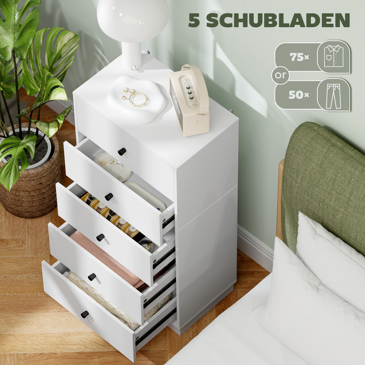 KOMMODE Sideboard mit 5 Schubladen Schrank aus Holzwerkstoff 47 x 29 x 95 cm Weiß - Weiß, Holzwerkstoff (47/95/29cm) - HOMCOM