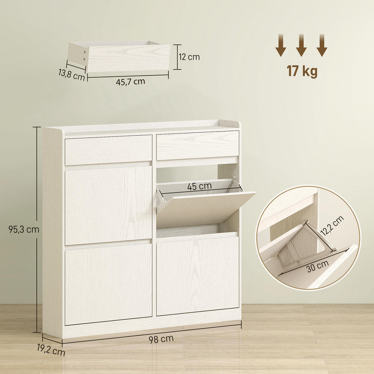 SCHUHSCHRANK DE-15030 4 Klapp-Schubladen & 2 Ausziehschubladen für 8 Paar Schuhe Weiß - Weiß, Holzwerkstoff (98/95.3/19.2cm) - ComfortXL