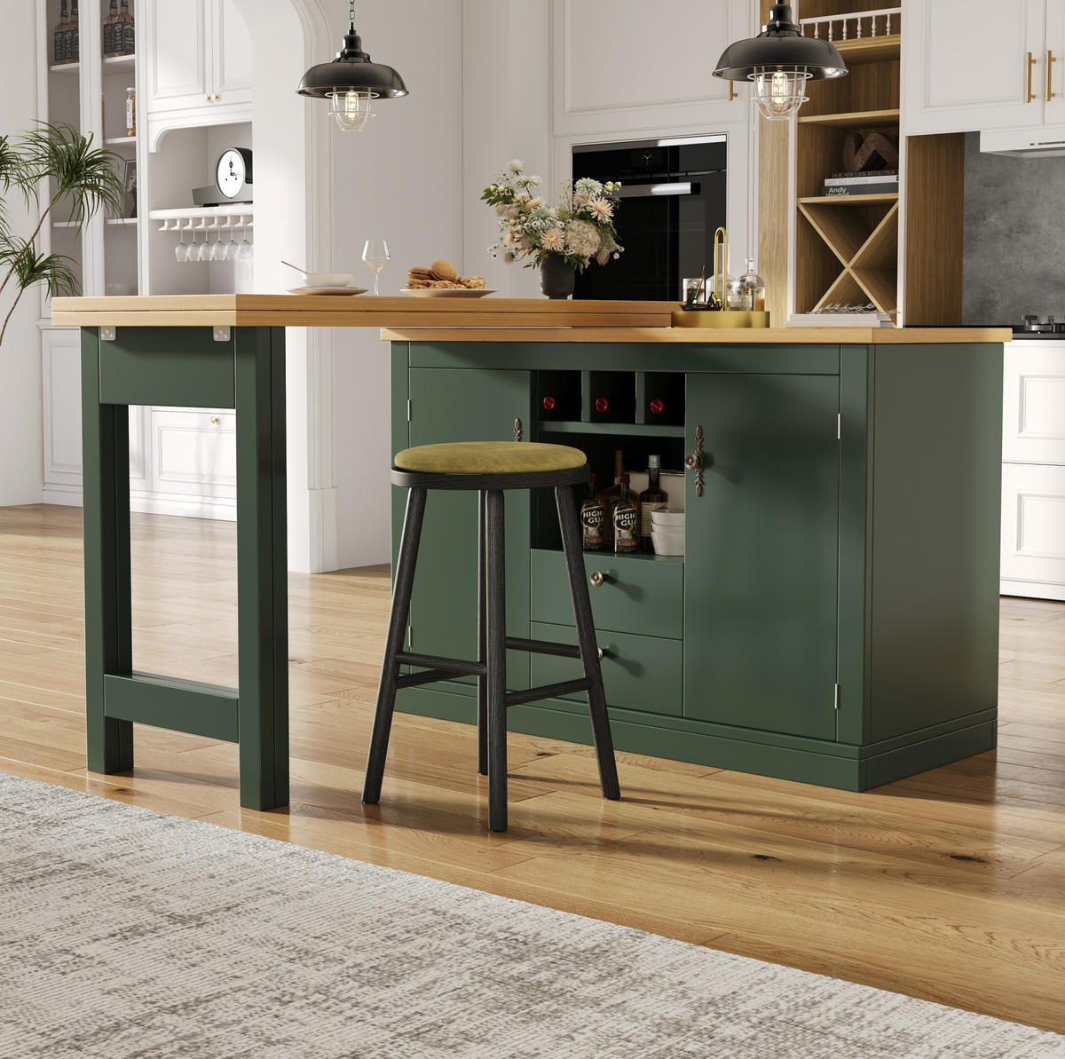BARTISCH 120-180/40/76 cm aus MDF, ausziehbar, drehbar mit Stauraum, Antikgrün - Dunkelgrün, Holzwerkstoff (40/180/76cm) - Redom