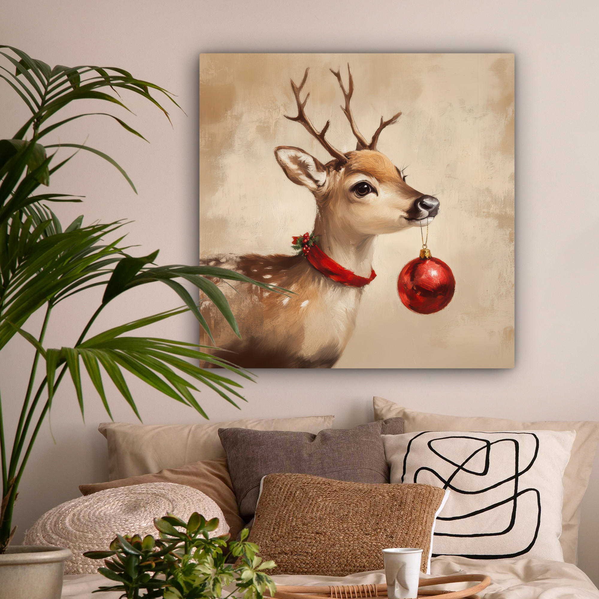 LEINWANDBILD Weihnachten - Hirsch - Geweih - Weihnachtskugel - Rentier 90x90 cm - Hellbraun, Textil (90/90cm) - MuchoWow