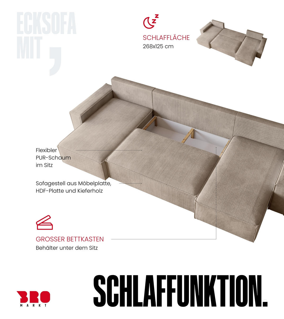 WOHNLANDSCHAFT ADI U mit Schlaffunktion Cordstoff Beige - Beige, Textil (312/85/143cm) - Bromarkt