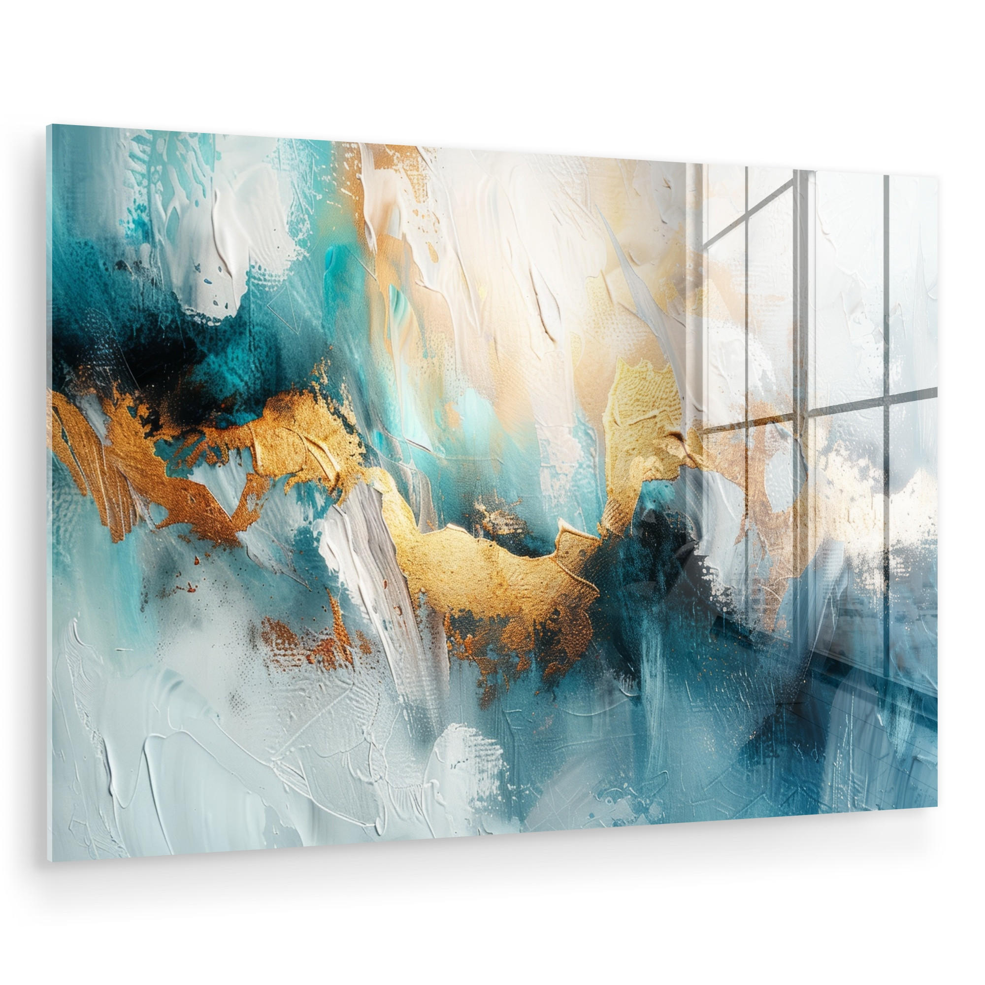 ACRYLGLASBILD Abstrakt - Kunst - Gold - Blau 120x80 cm - Petrol, Glas (120/80cm) - MuchoWow