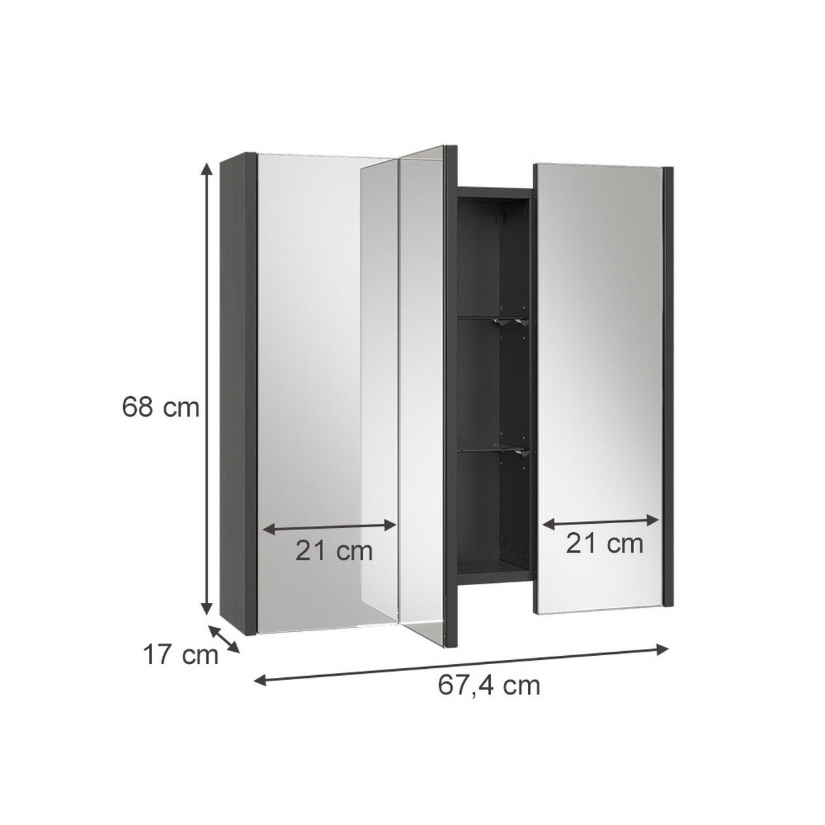 BADSPIEGELSCHRANK Majest Anthrazit 67.4 x 68 cm mit 3 Spiegeltüren - Anthrazit, Holzwerkstoff (67.4/68/17cm) - Vicco