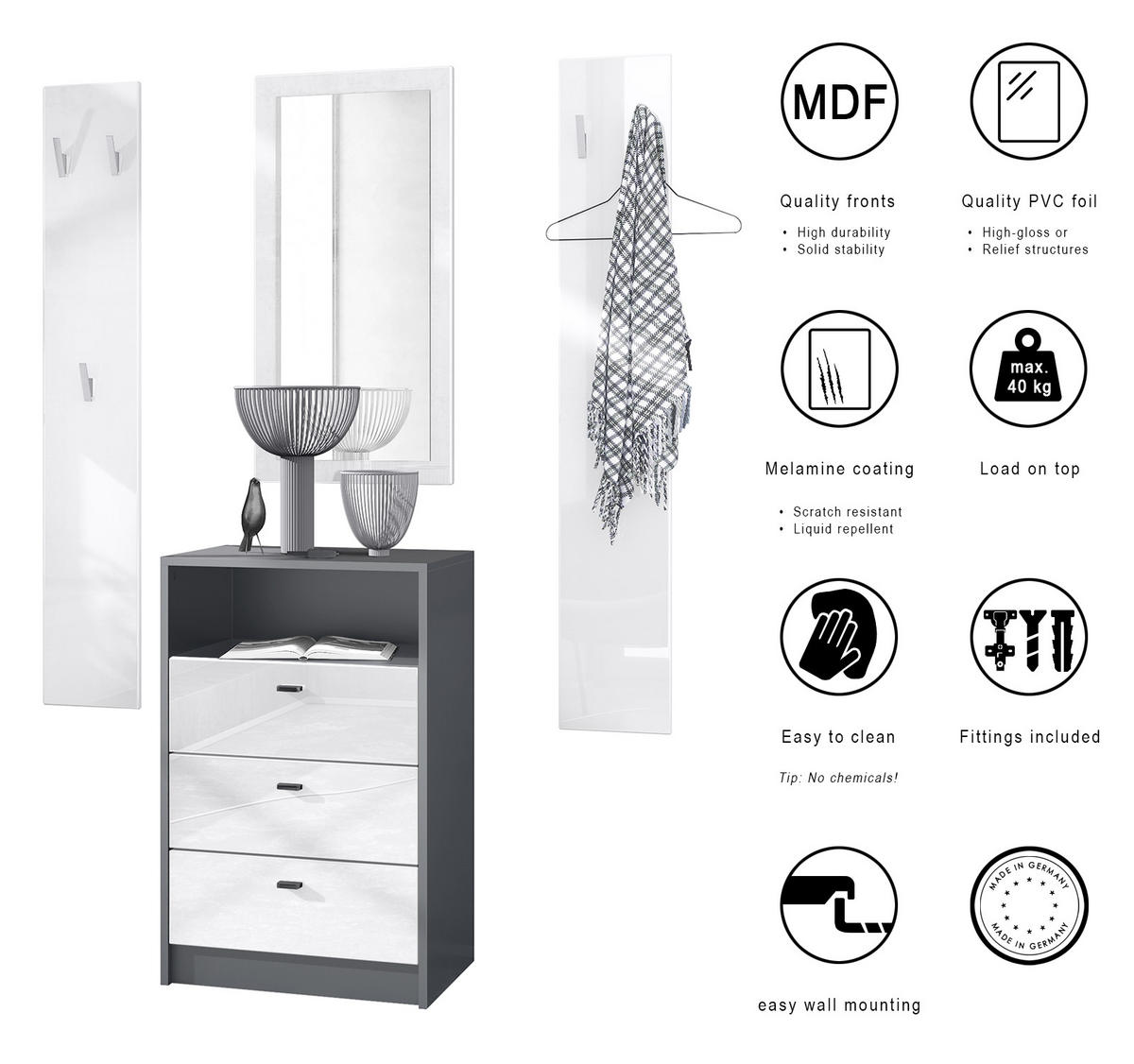 GARDEROBE Pino Beton Oxid Optik - Hellgrau, Holzwerkstoff (135/190/36cm) - Vladon