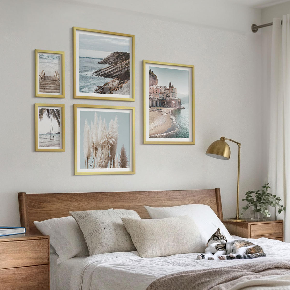 BILDER SET 5er Set - 50x50 cm & 20x30 cm & 40x60 cm Goldrahmen - Abstrakte Muster beige weiß - Goldfarben, Kunststoff (40/60cm) - TULUP