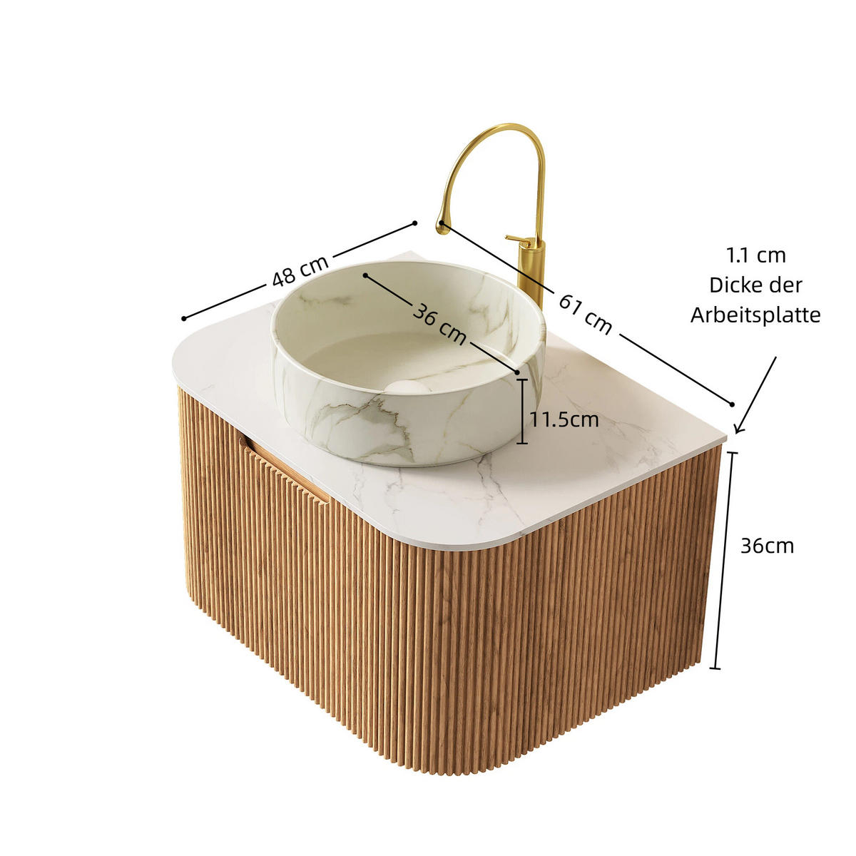 WASCHTISCHKOMBI 61x48x49.1 cm Naturholz & Weiß aus Keramik & Sintered Stone mit 3D-Streifen - Naturfarben, Stein (48/49.1/61cm) - Modfu