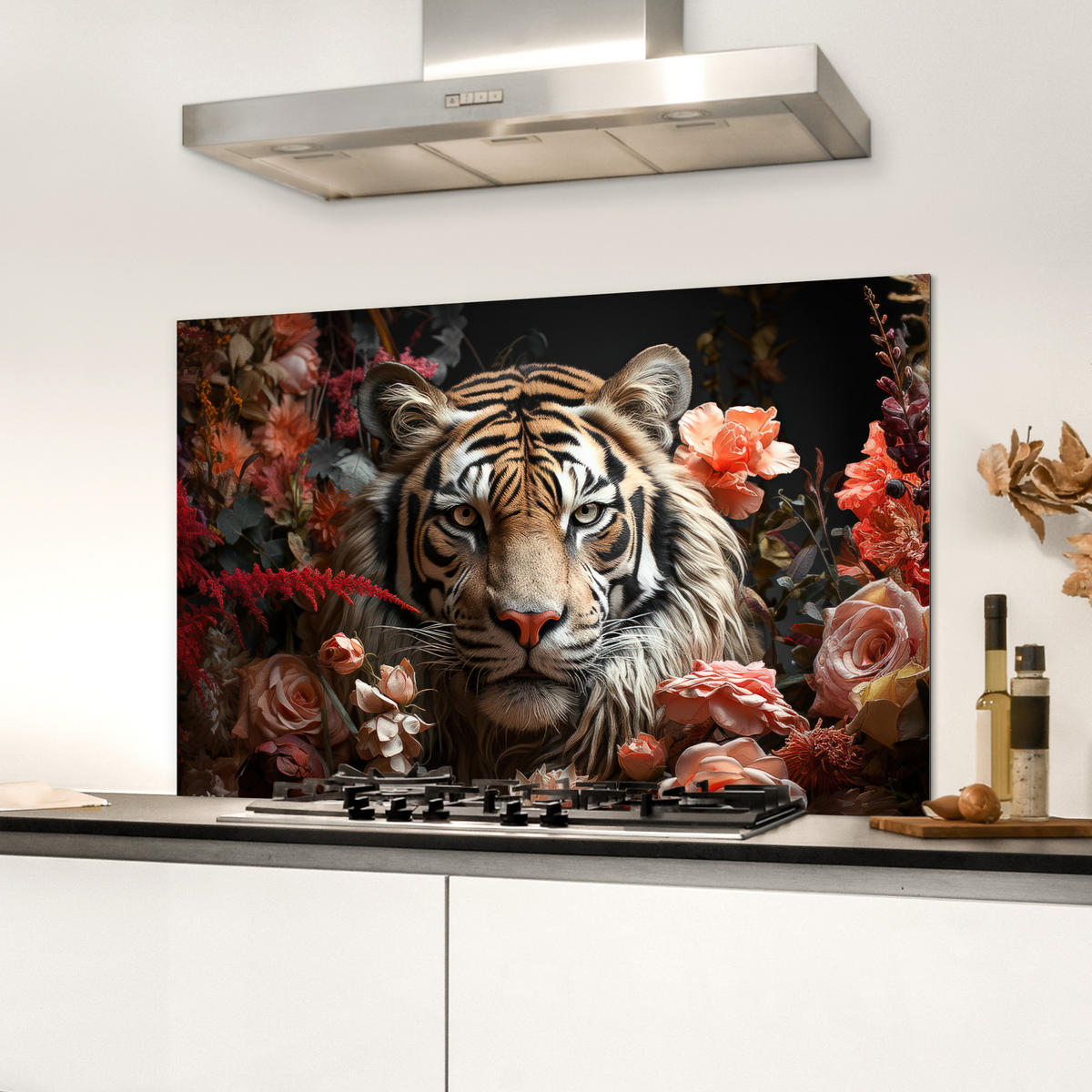 SPRITZSCHUTZ KÜCHE Tiger - Tier - Natur - Floral - Botanisch 90x60 cm - Orange, Metall (90/0.3/60cm) - MuchoWow